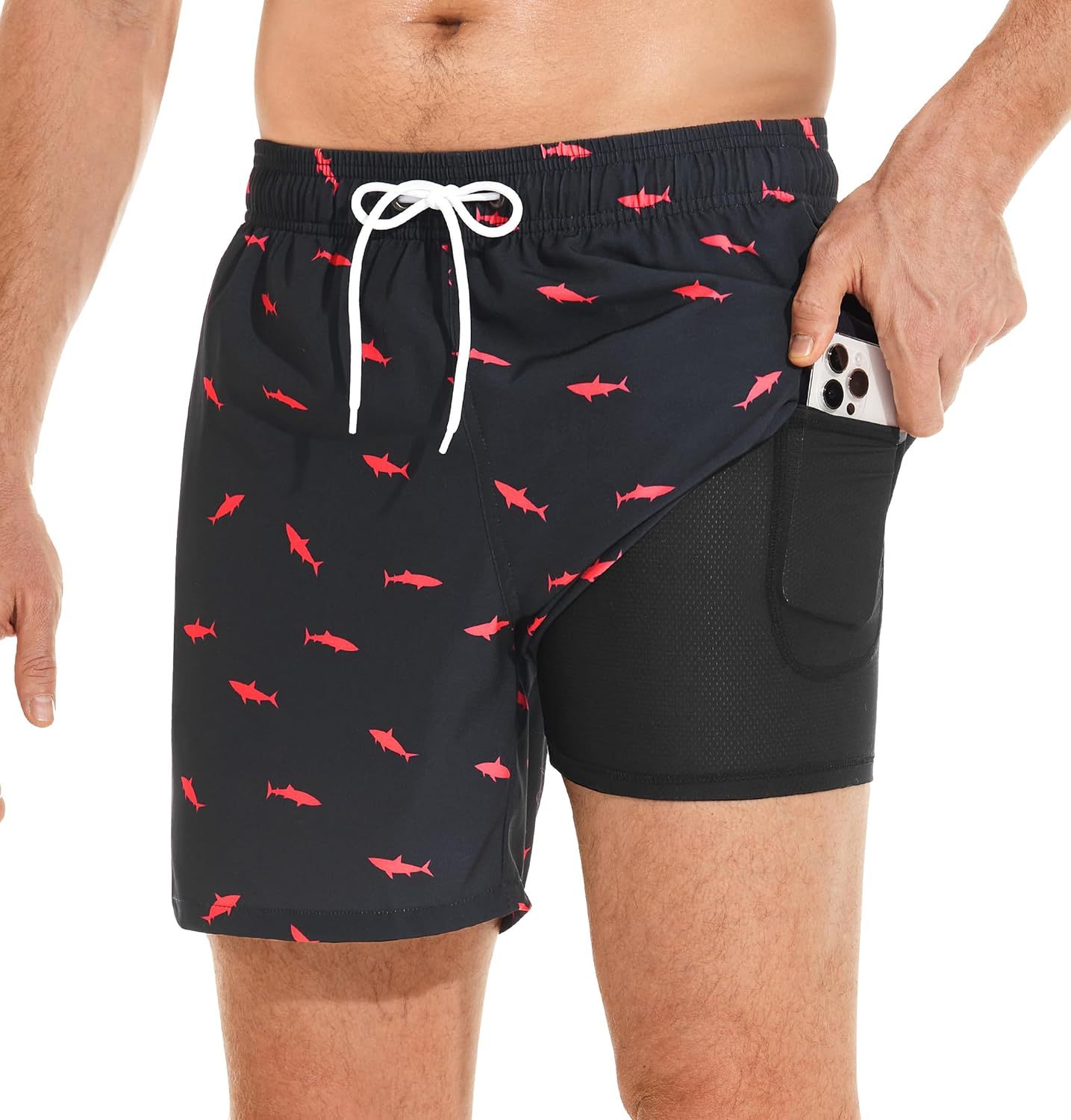 Mens Swim Trunks with Compression Liner Quick Dry Bathing Suit with Zipper Pockets Lightweight Beach Shorts