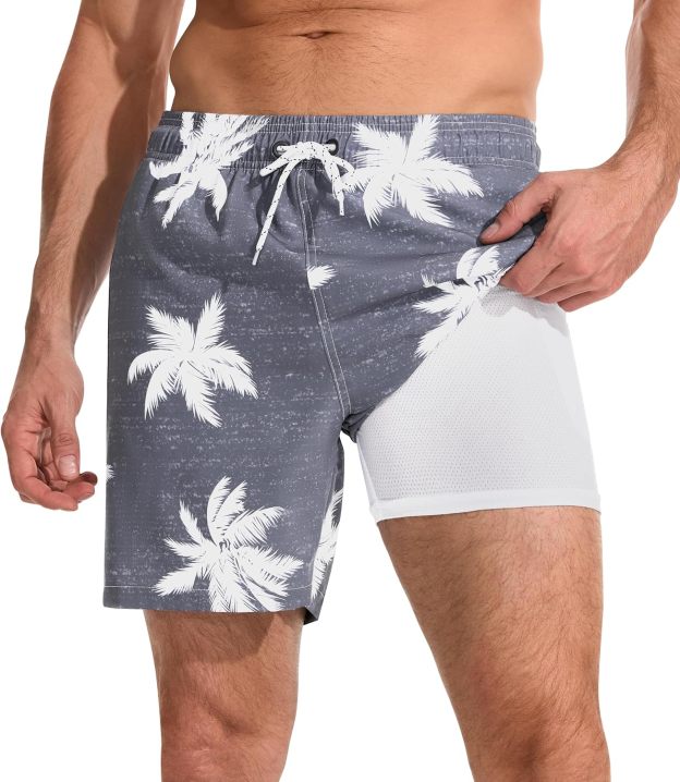 Mens Swim Trunks with Compression Liner Quick Dry Bathing Suit with Zipper Pockets Lightweight Beach Shorts
