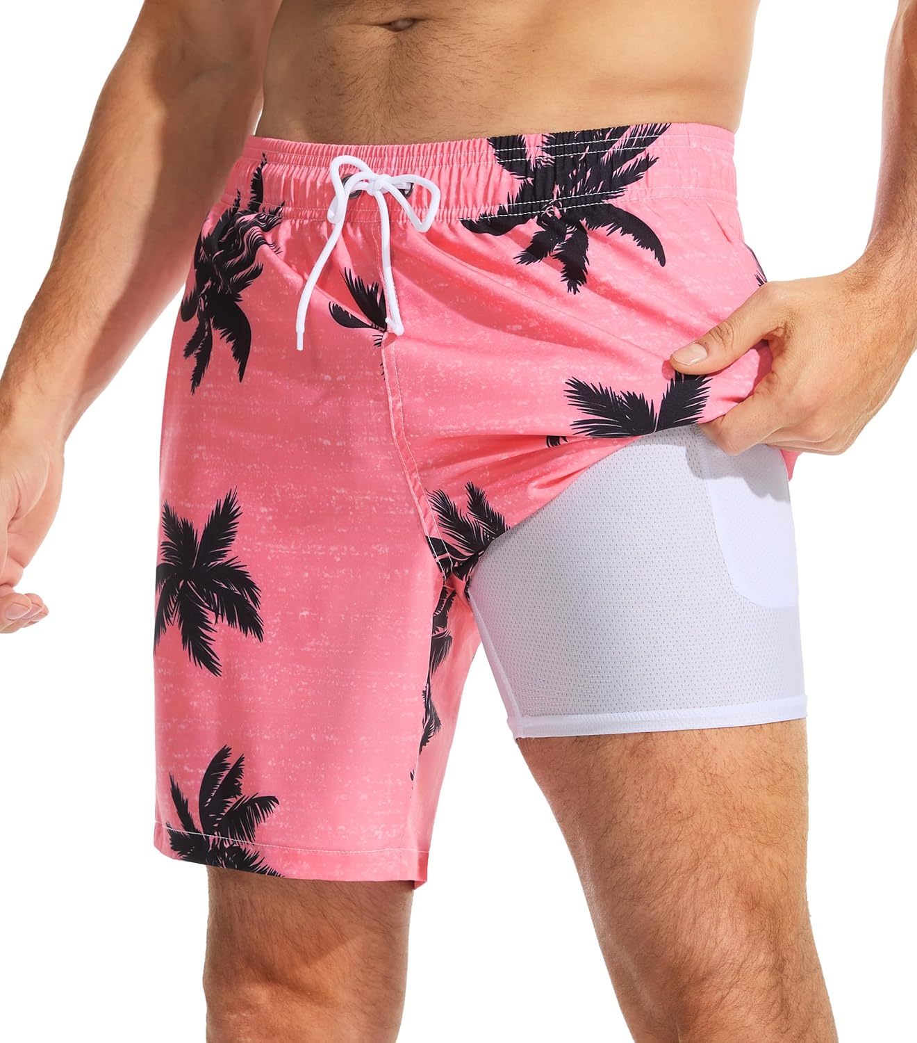 Mens Swim Trunks with Compression Liner Quick Dry Bathing Suit with Zipper Pockets Lightweight Beach Shorts