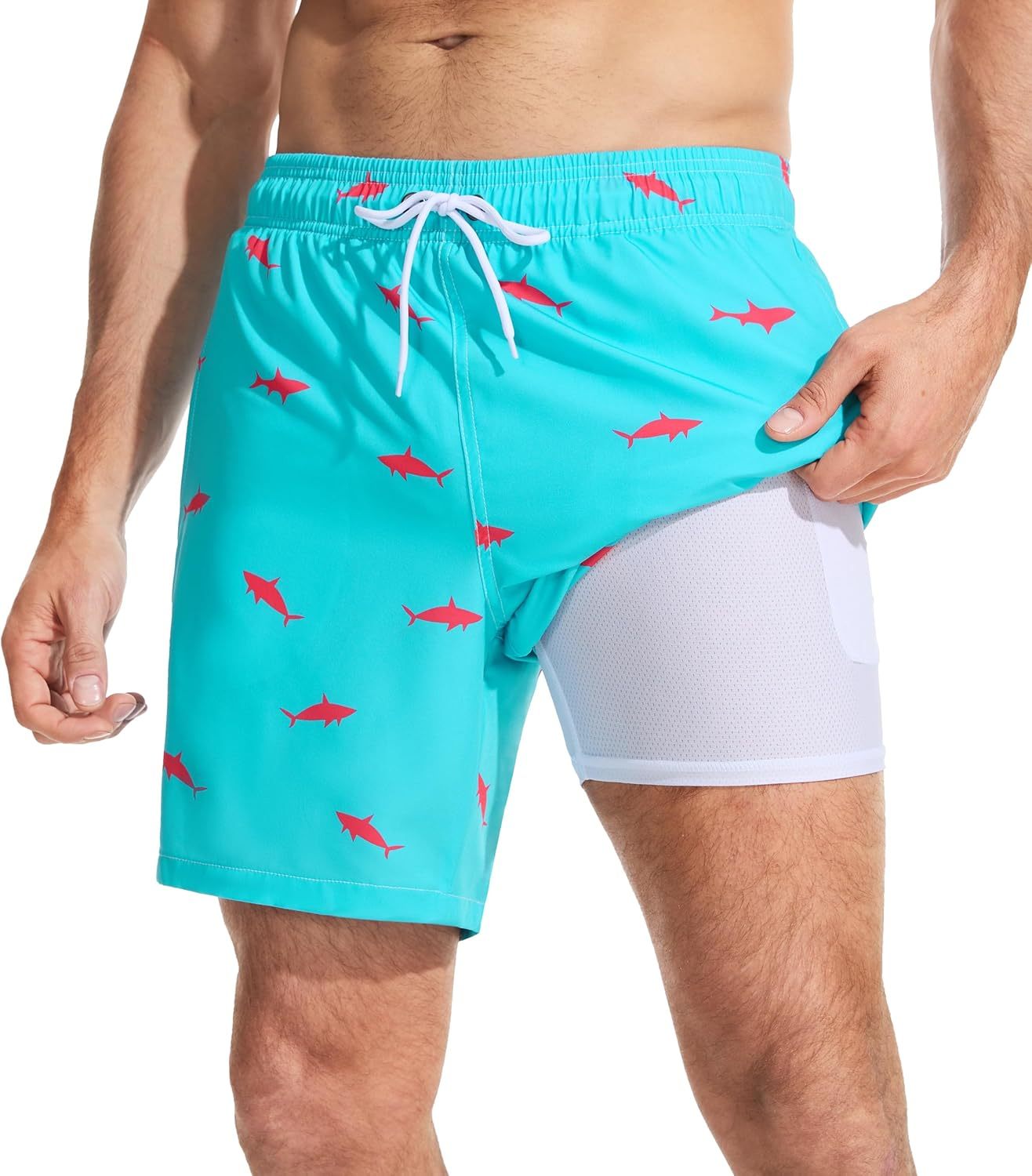 Mens Swim Trunks with Compression Liner Quick Dry Bathing Suit with Zipper Pockets Lightweight Beach Shorts