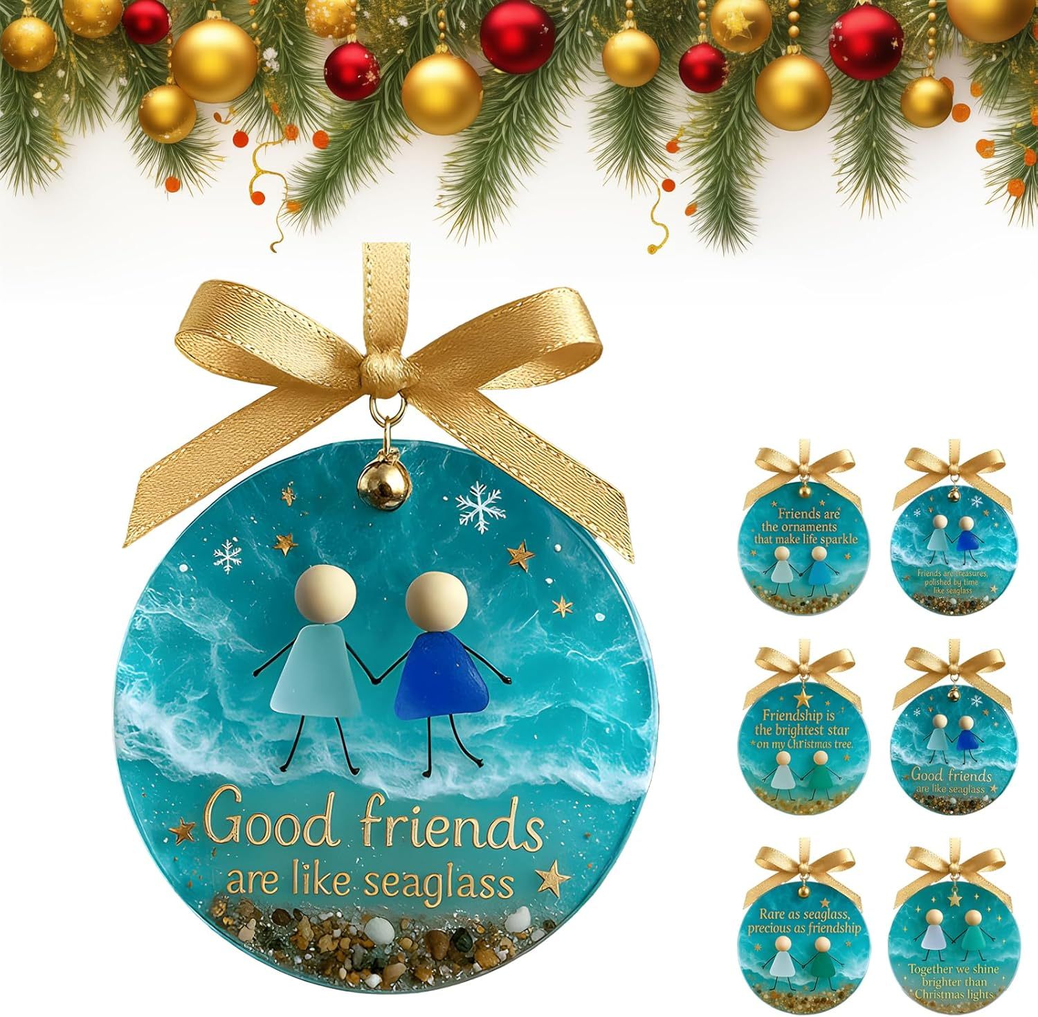 Friendship Sea Glass Christmas Ornament, Ocean Style Timeless Friendship Christmas Bells Flake Keepsake, Shaped by Nature & Crafted by Hand Acrylic Sea Glass Art for Friends (Set of 6)