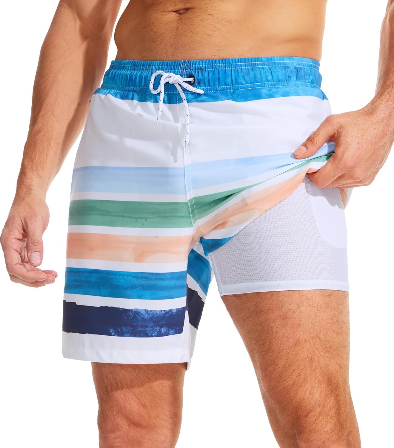 Mens Swim Trunks with Compression Liner Quick Dry Bathing Suit with Zipper Pockets Lightweight Beach Shorts