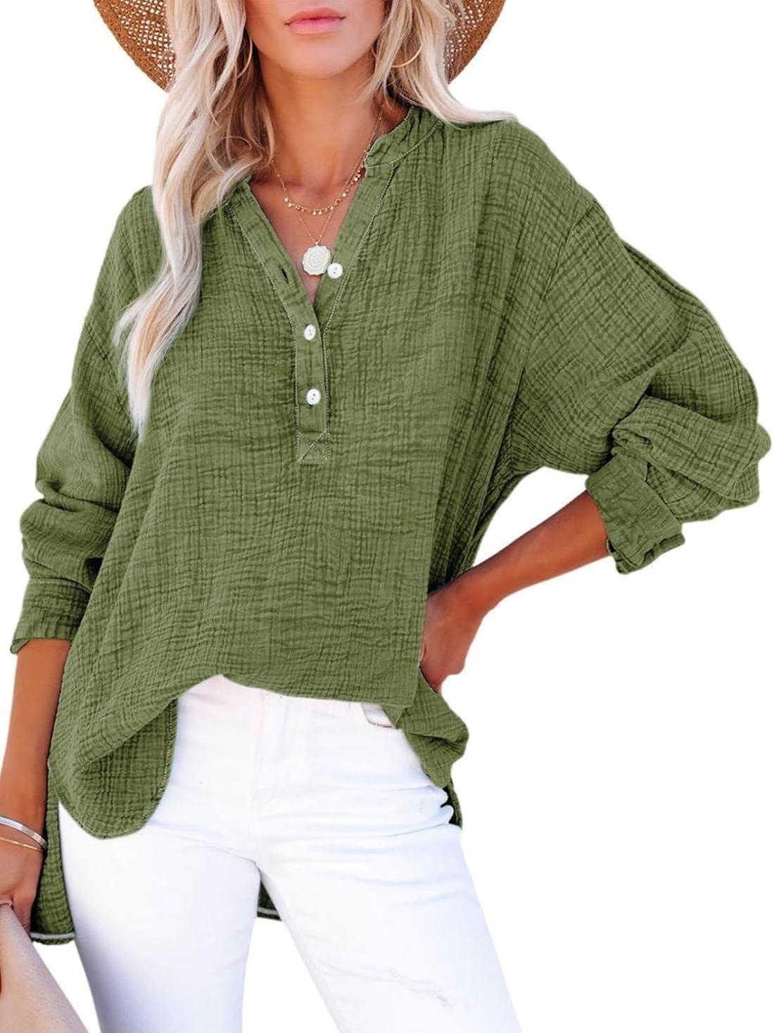 Womens Casual Button V Neck Long Sleeve Shirts Oversized Solid Blouses Tops