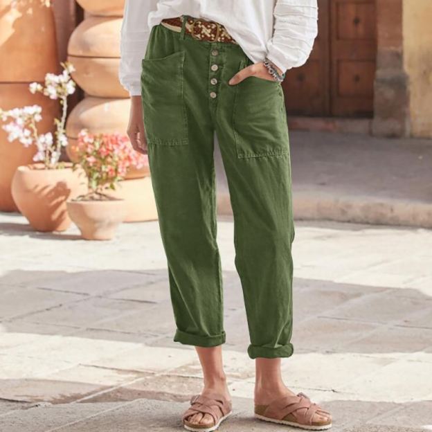 Loose-fit casual cotton-linen pants with row buttons