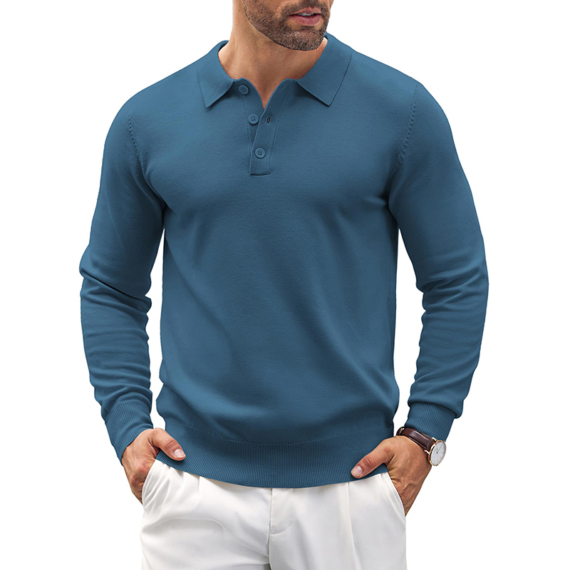 Mens Knit Casual Long Sleeve Classic Polo Shirts