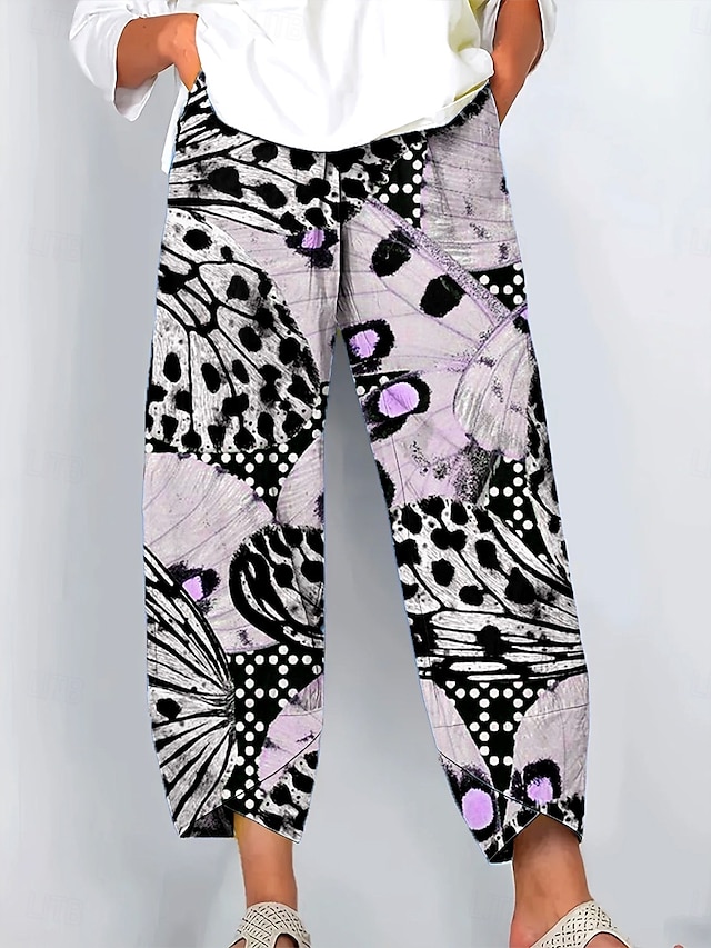  Women's Wide Leg Chinos Baggy Pants Vacation Vintage Ethnic Style Ankle-Length High Waist Floral Graphic Printing Thermal Warm Soft Breathable Micro-elastic Vacation Street Causal Ash Violet Robin's