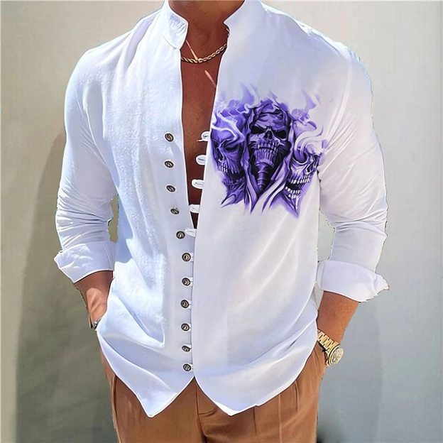  Men's Dark Shirt Aloha Shirt Long Sleeve Fashion Designer Casual Vacation Daily Going out Fall Autumn / Fall Spring & Summer Stand Collar Print 