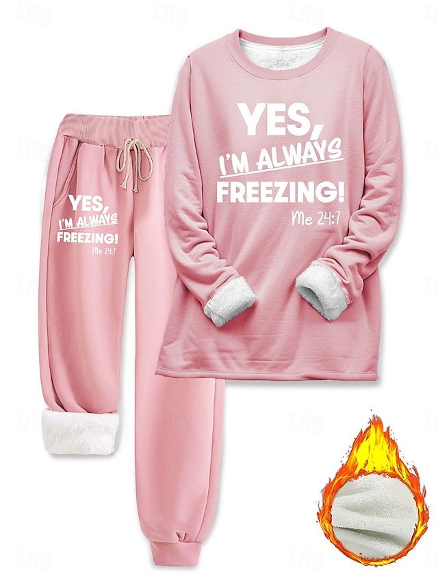 Women's Pajamas Set Fleece Lined 2 Pieces Sweatshirt Tracksuits Loungewear Set Pyjamas Fleece Fluffy Long Sleeve Top and Pant Text Print Comfort Casual Home Wear Drawstring Solid Cozy Winter