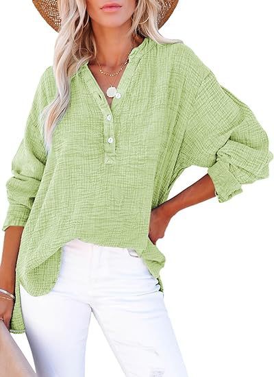 Womens Casual Button V Neck Long Sleeve Shirts Oversized Solid Blouses Tops