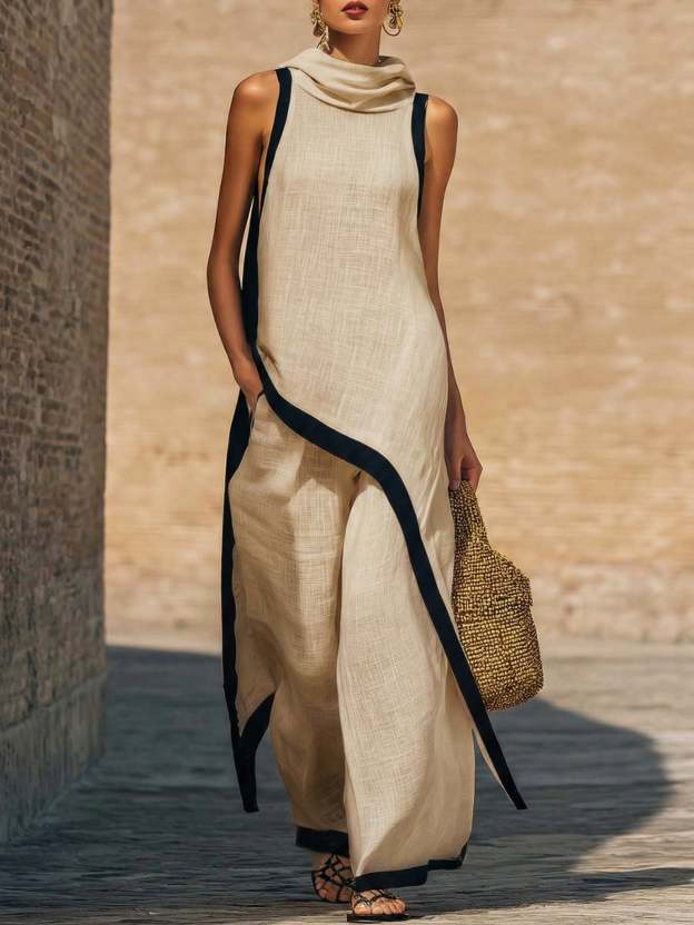 Artistic Cut Trim Elegant Linen Cotton Two-piece Set