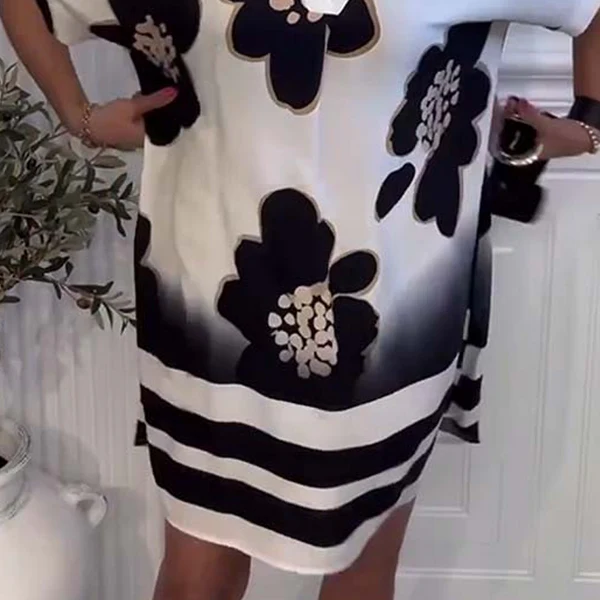 Women's Printed V-Neck Short Sleeve Loose Casual Dress