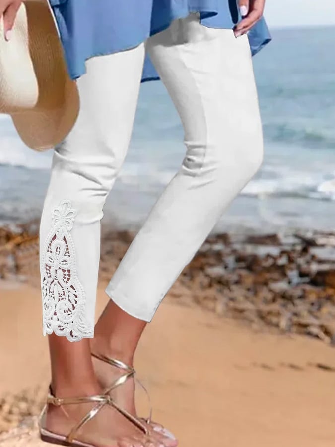  Buy 3 Get 15% Off Women's Pure Color Lace Stitching Casual Cropped Pants