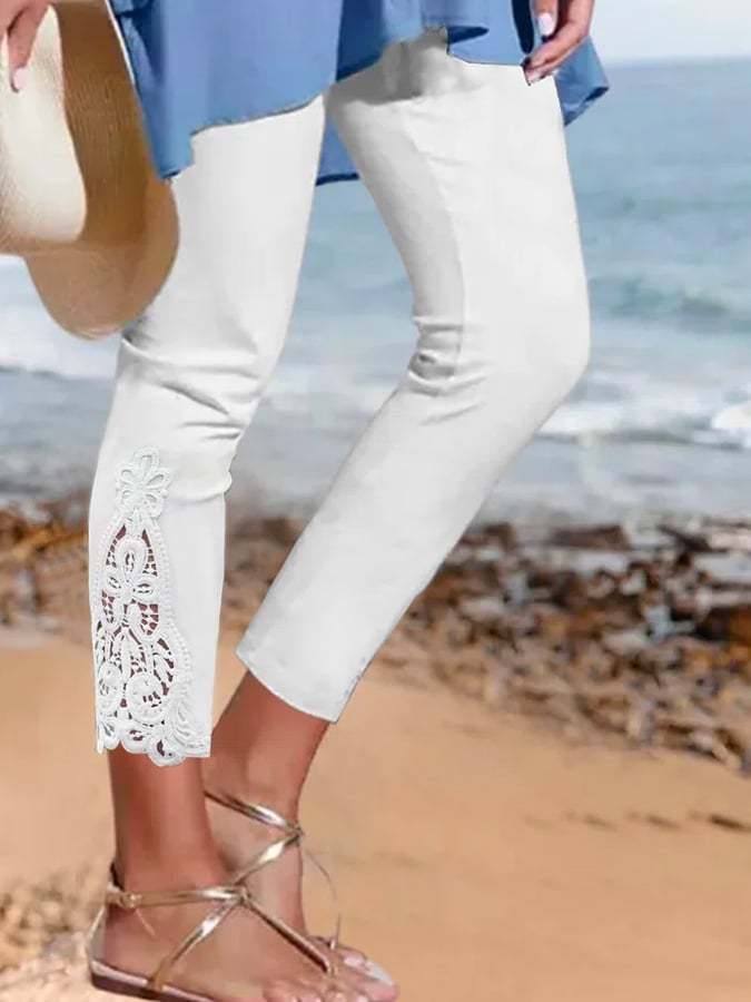 🔥Buy 3 Get 10% Off🔥Women's Pure Color Lace Stitching Casual Cropped 