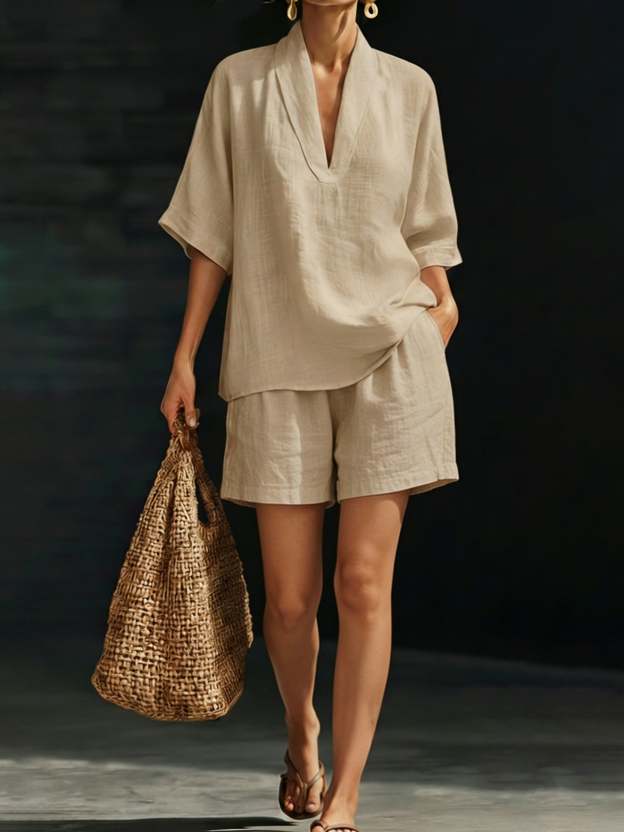 Minimalist Cozy V-neck Shirt And Shorts Linen Cotton Two-piece Set
