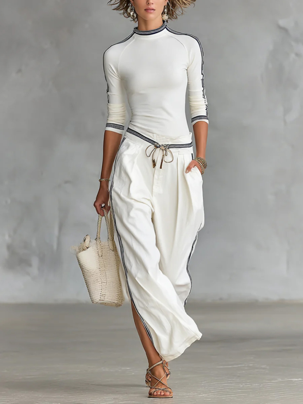 Cozy Stretch Knit Top And Linen And Cotton Trousers Two-piece Set