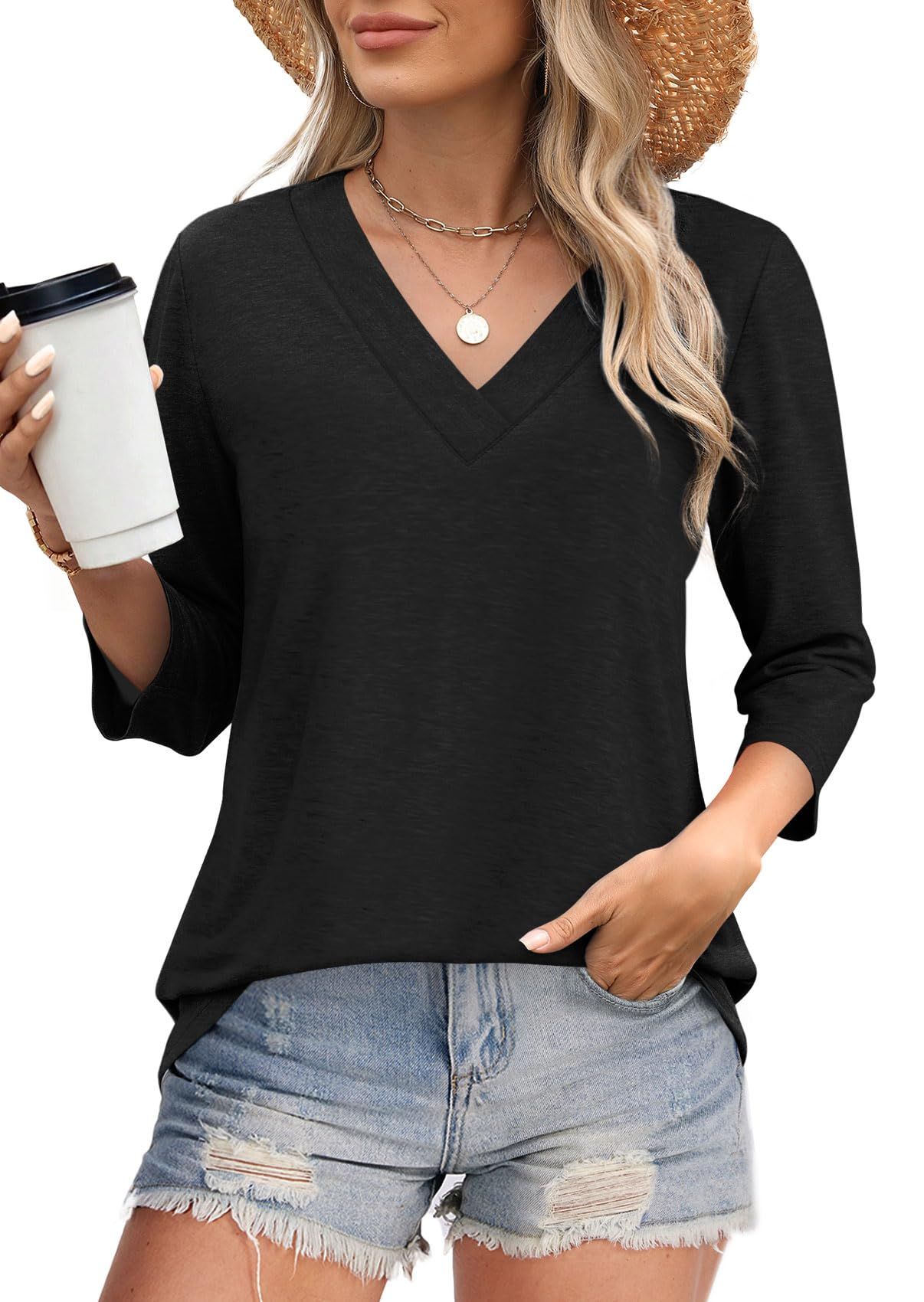 Women's V-neck casual waist knitted long-sleeved T-shirt