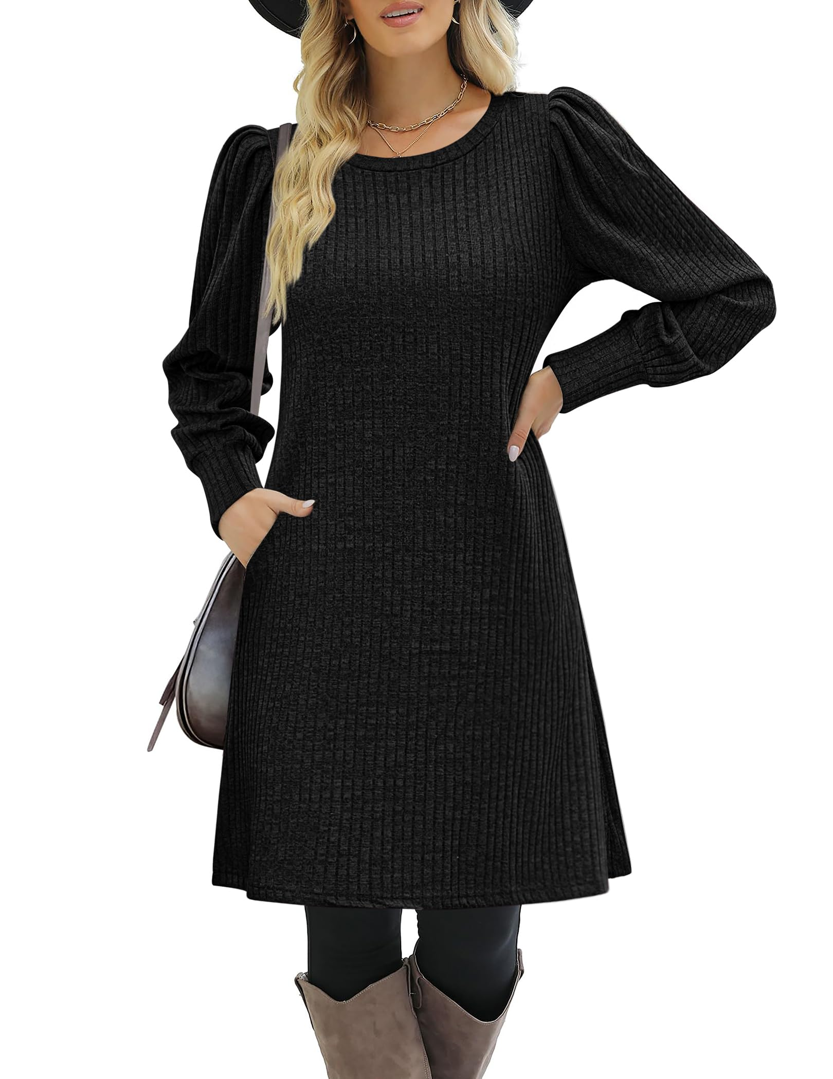 Women's knitted bubble long sleeve autumn and winter round neck casual waist dress