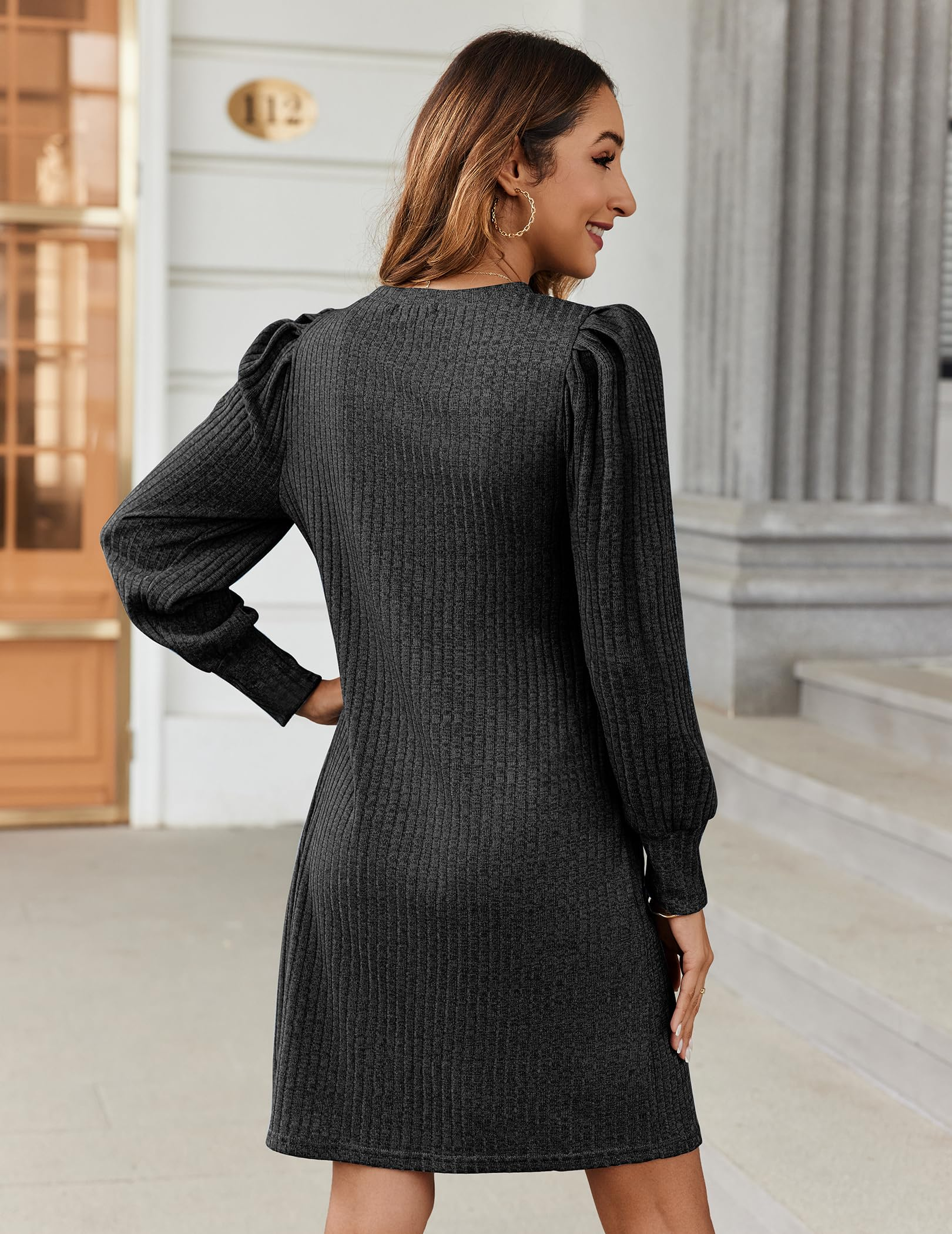 Women's knitted bubble long sleeve autumn and winter round neck casual waist dress