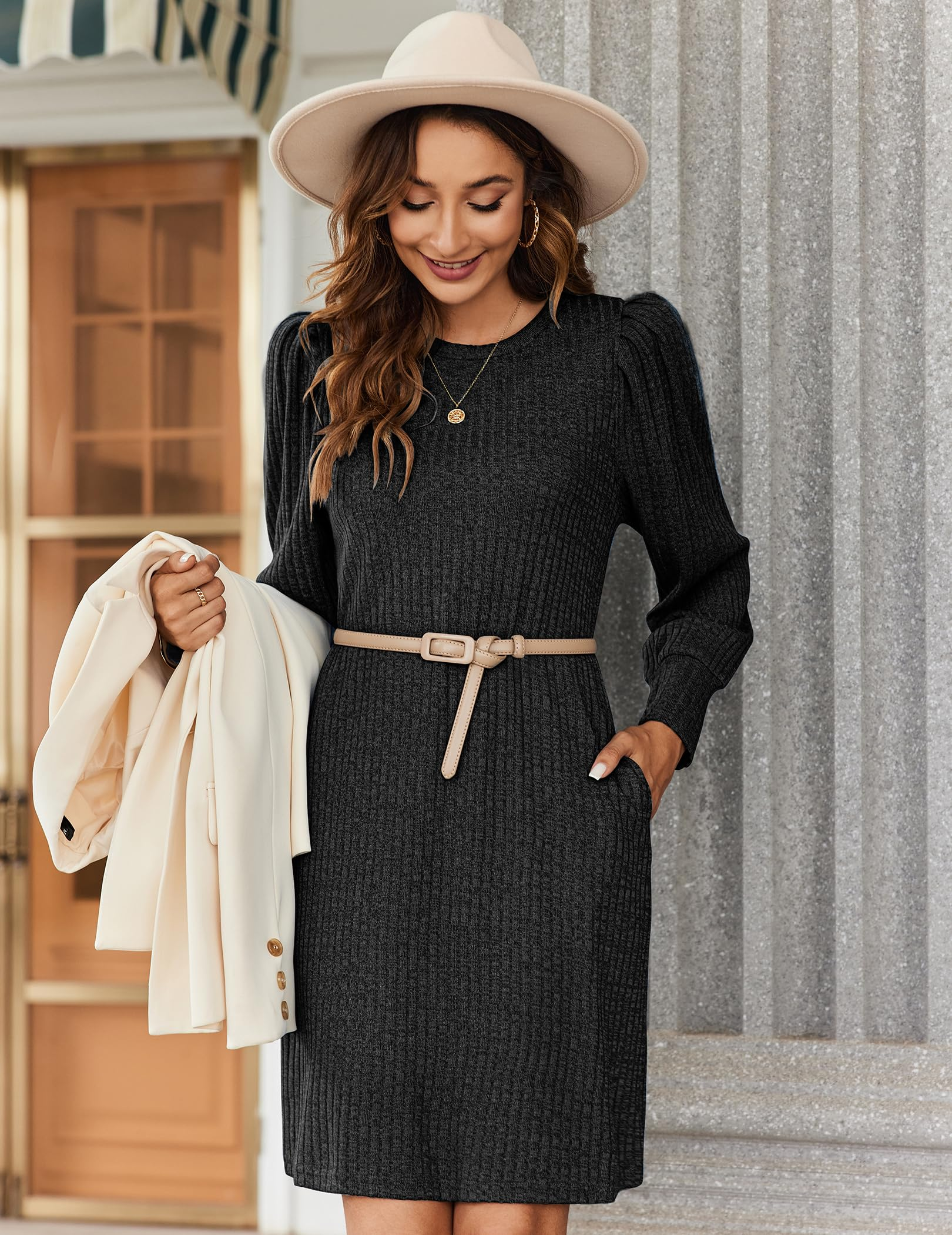 Women's knitted bubble long sleeve autumn and winter round neck casual waist dress
