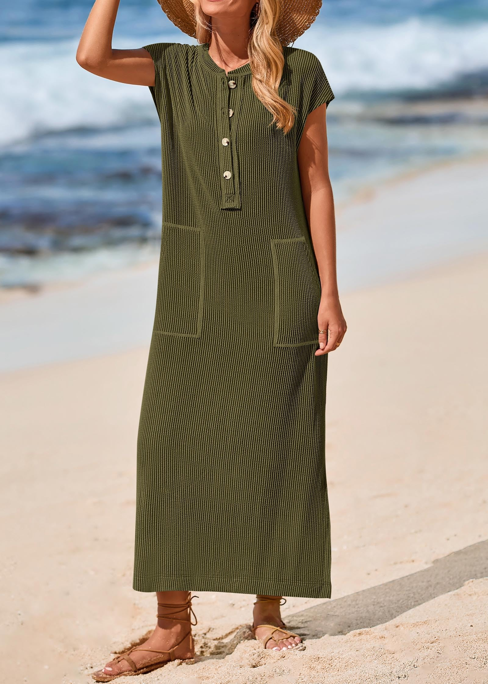Summer ribbed knit button loose split henley short-sleeve maxi dress