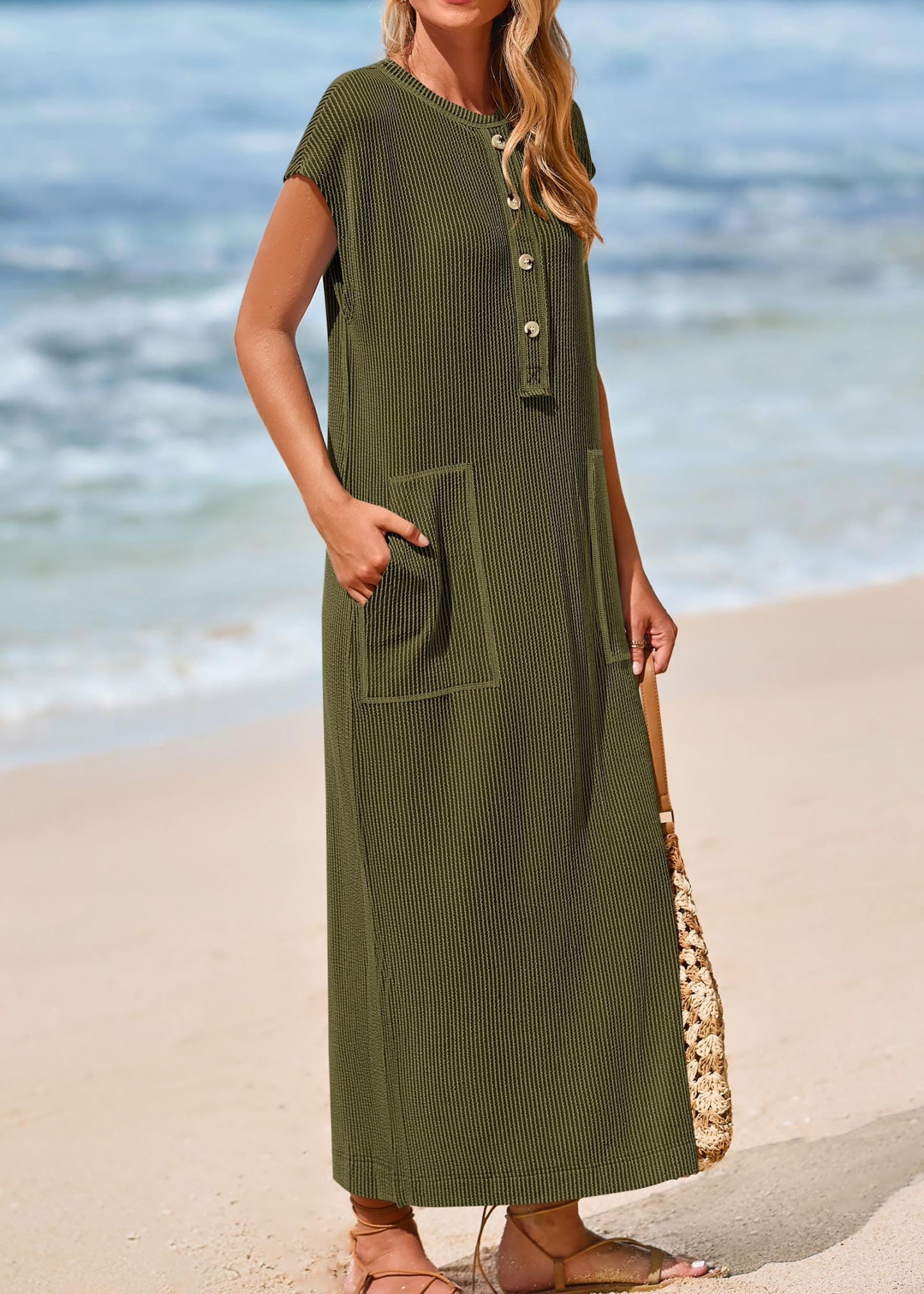 Summer ribbed knit button loose split henley short-sleeve maxi dress