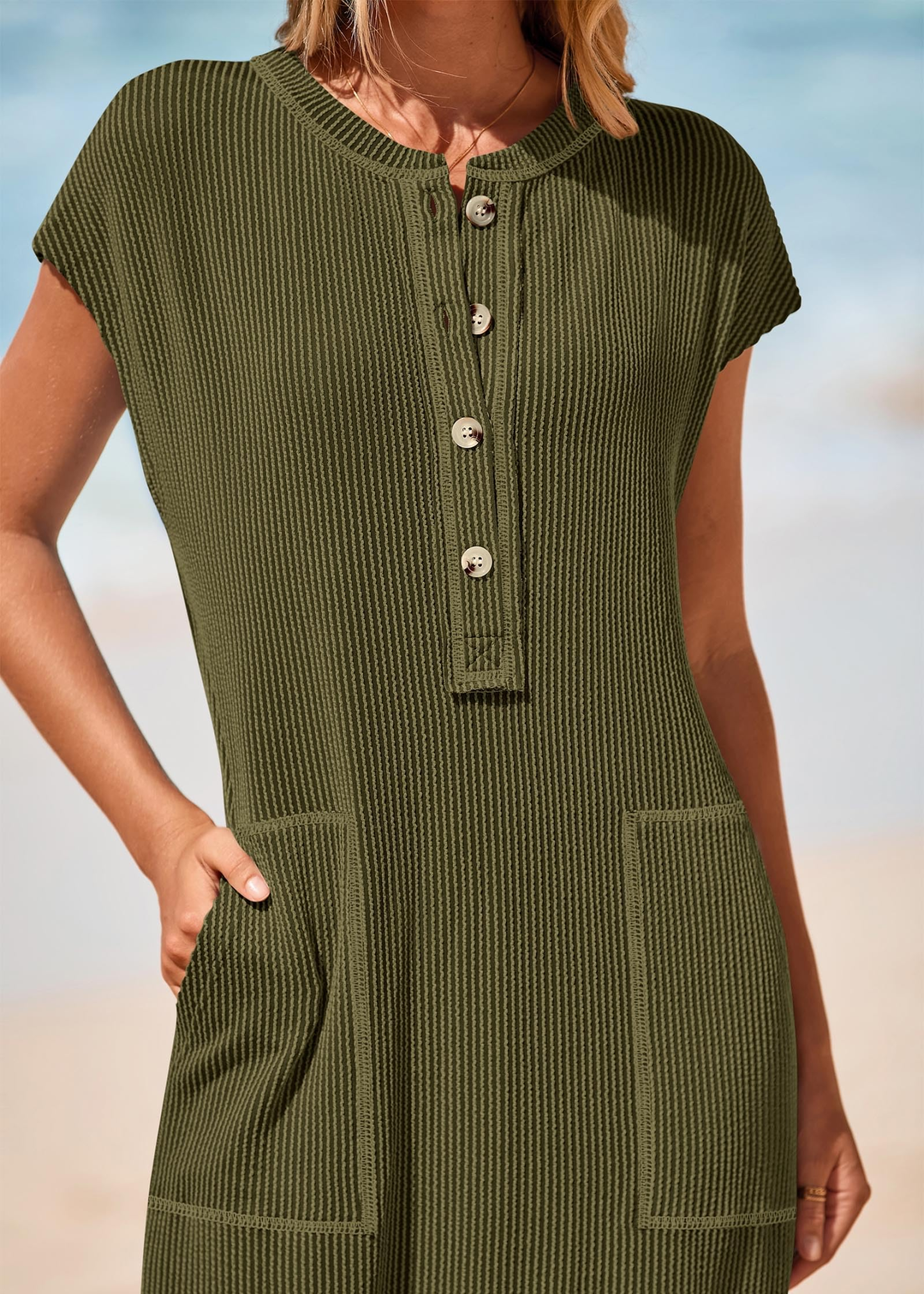 Summer ribbed knit button loose split henley short-sleeve maxi dress