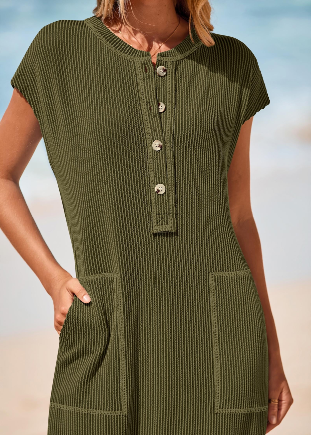 Summer ribbed knit button loose split henley short-sleeve maxi dress