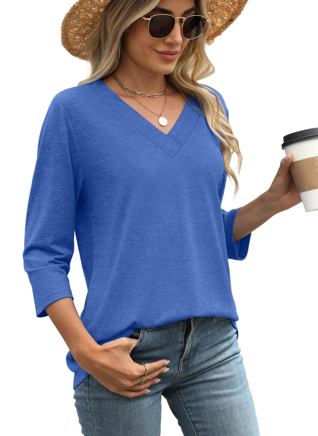 Women's V-neck casual waist knitted long-sleeved T-shirt