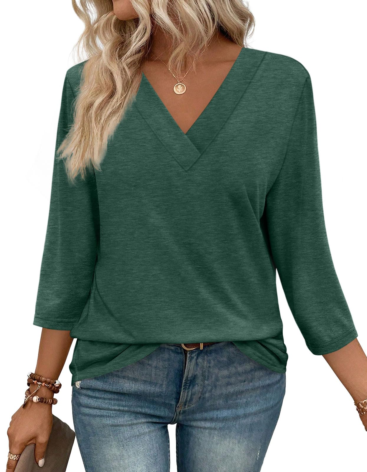 Women's V-neck casual waist knitted long-sleeved T-shirt