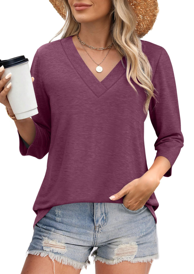 Women's V-neck casual waist knitted long-sleeved T-shirt