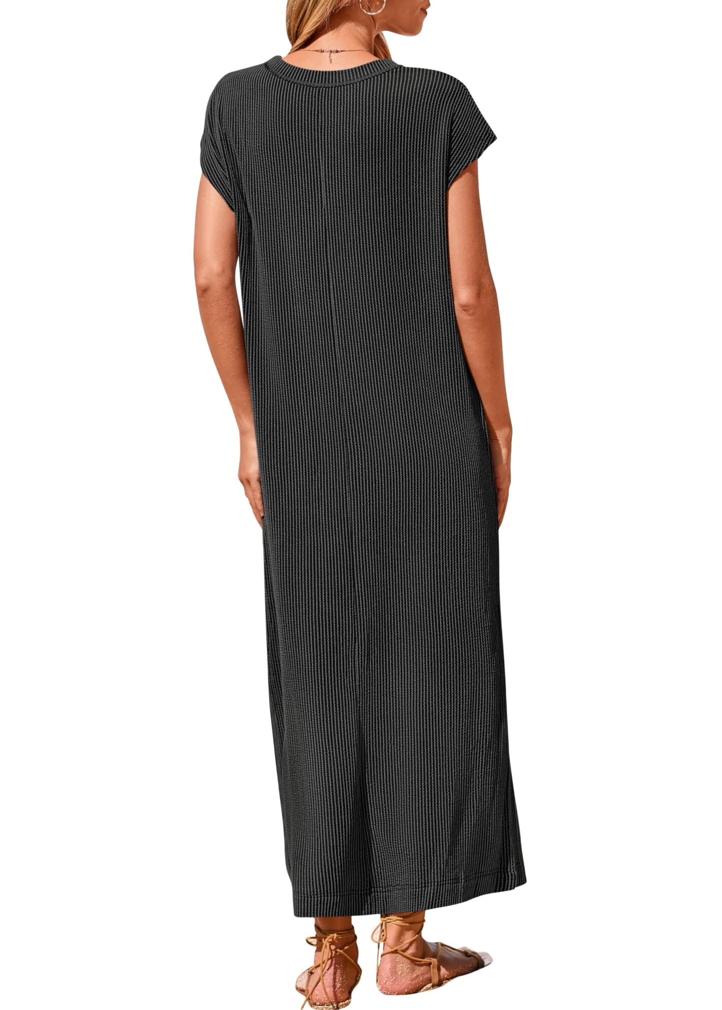 Summer ribbed knit button loose split henley short-sleeve maxi dress