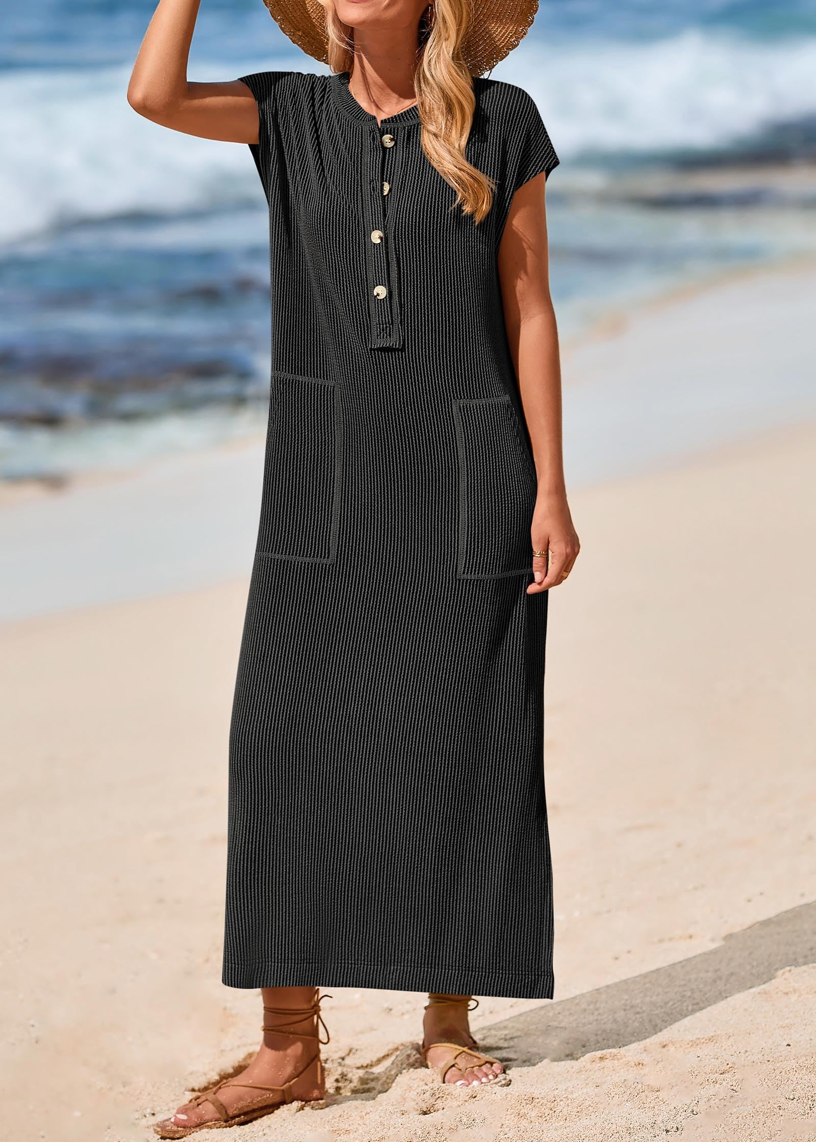 Summer ribbed knit button loose split henley short-sleeve maxi dress
