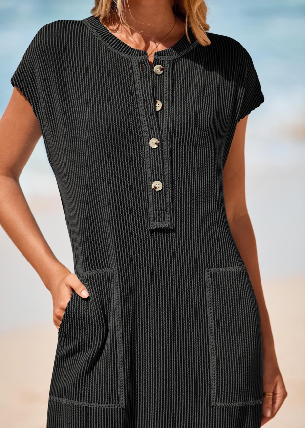 Summer ribbed knit button loose split henley short-sleeve maxi dress