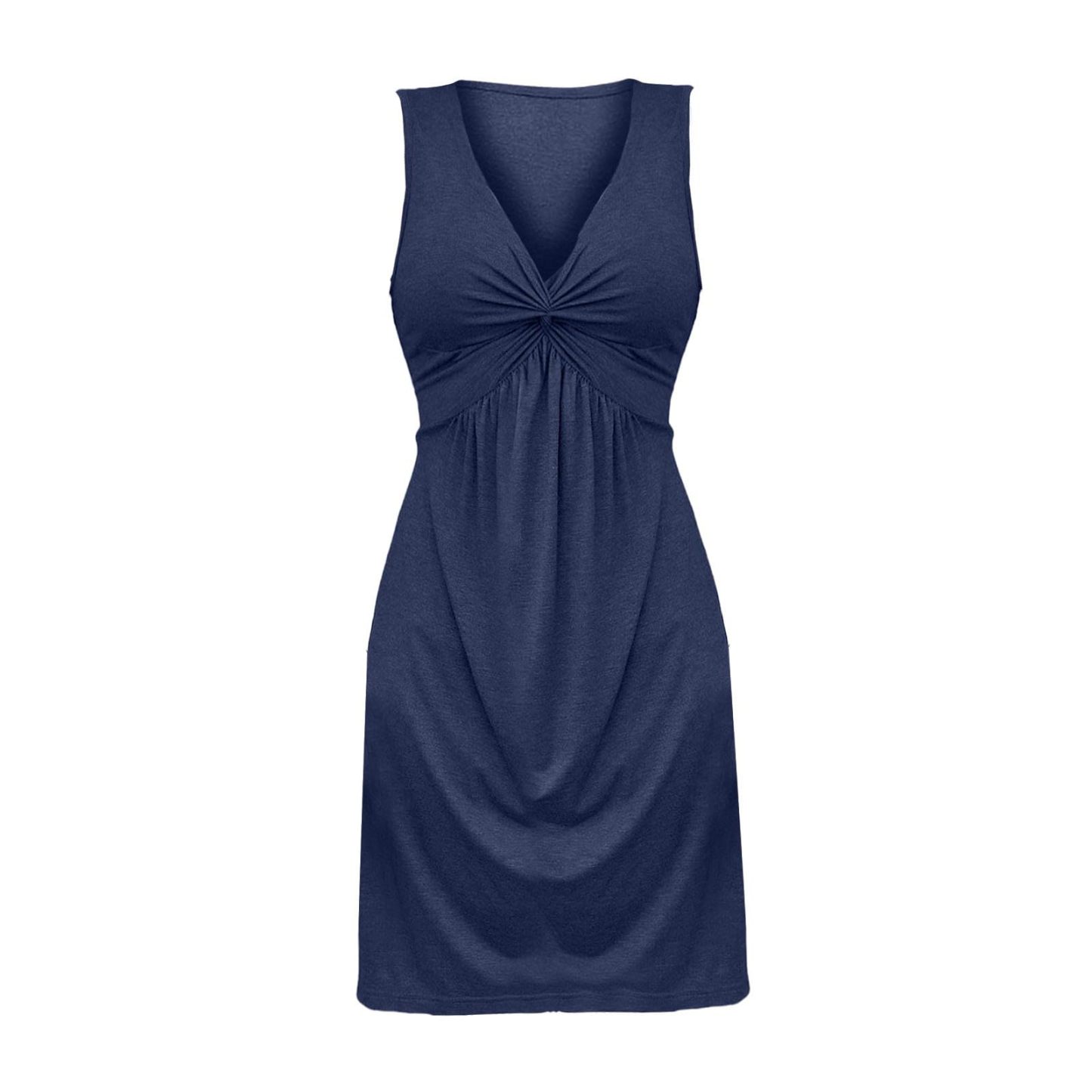 Sleeveless V-Neck Dress with Chest Twist, Ruffles and Waist Cinching