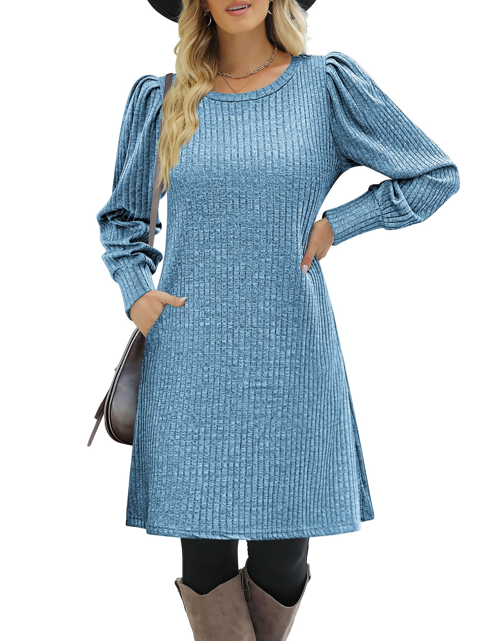 Women's knitted bubble long sleeve autumn and winter round neck casual waist dress