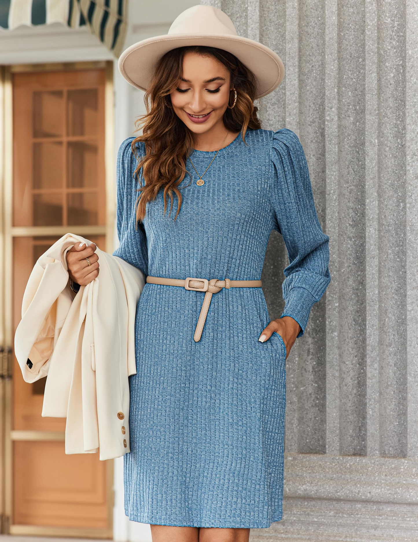 Women's knitted bubble long sleeve autumn and winter round neck casual waist dress