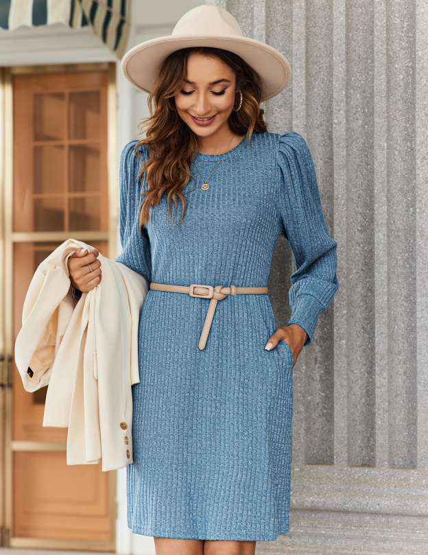 Women's knitted bubble long sleeve autumn and winter round neck casual waist dress