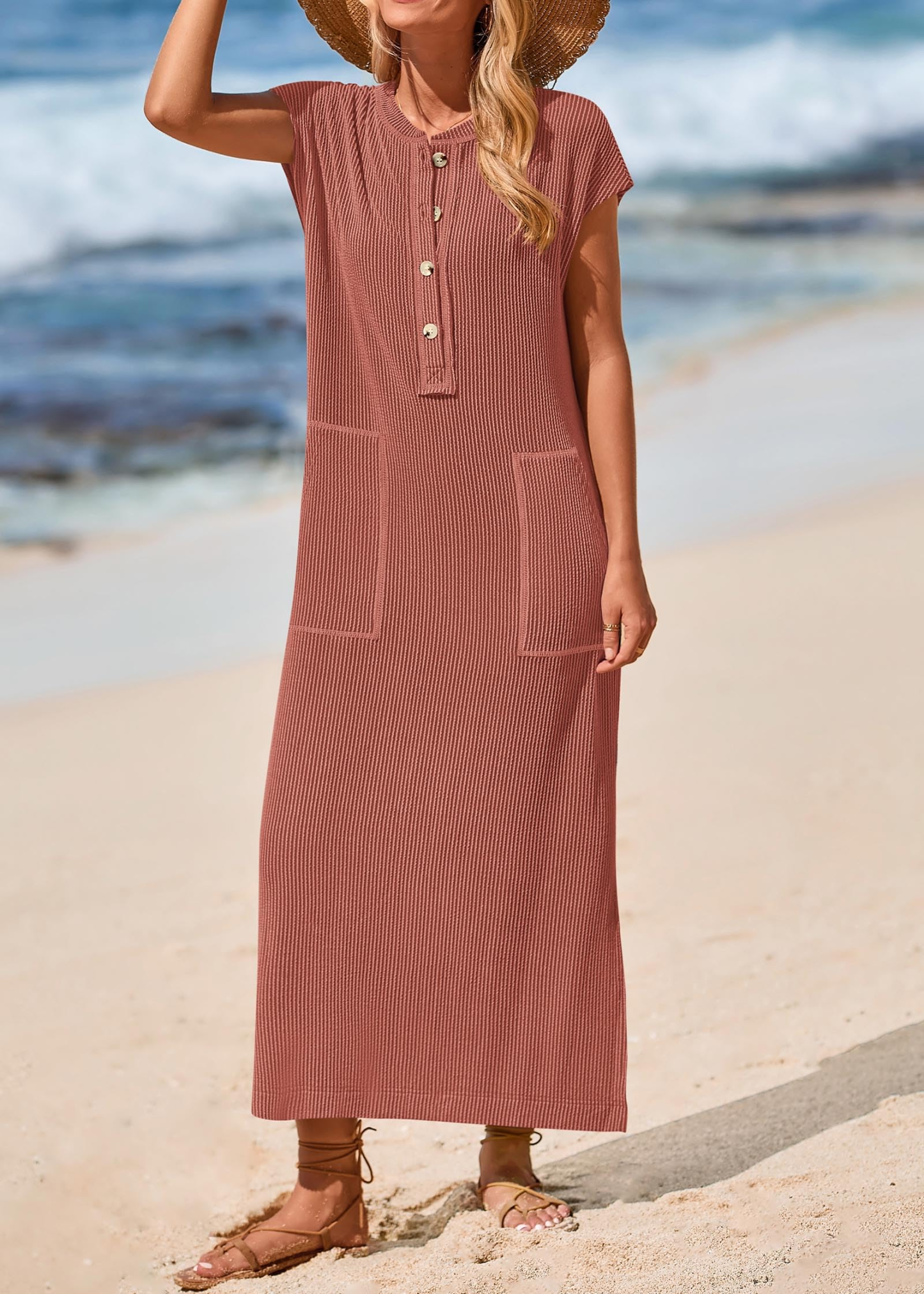 Summer ribbed knit button loose split henley short-sleeve maxi dress