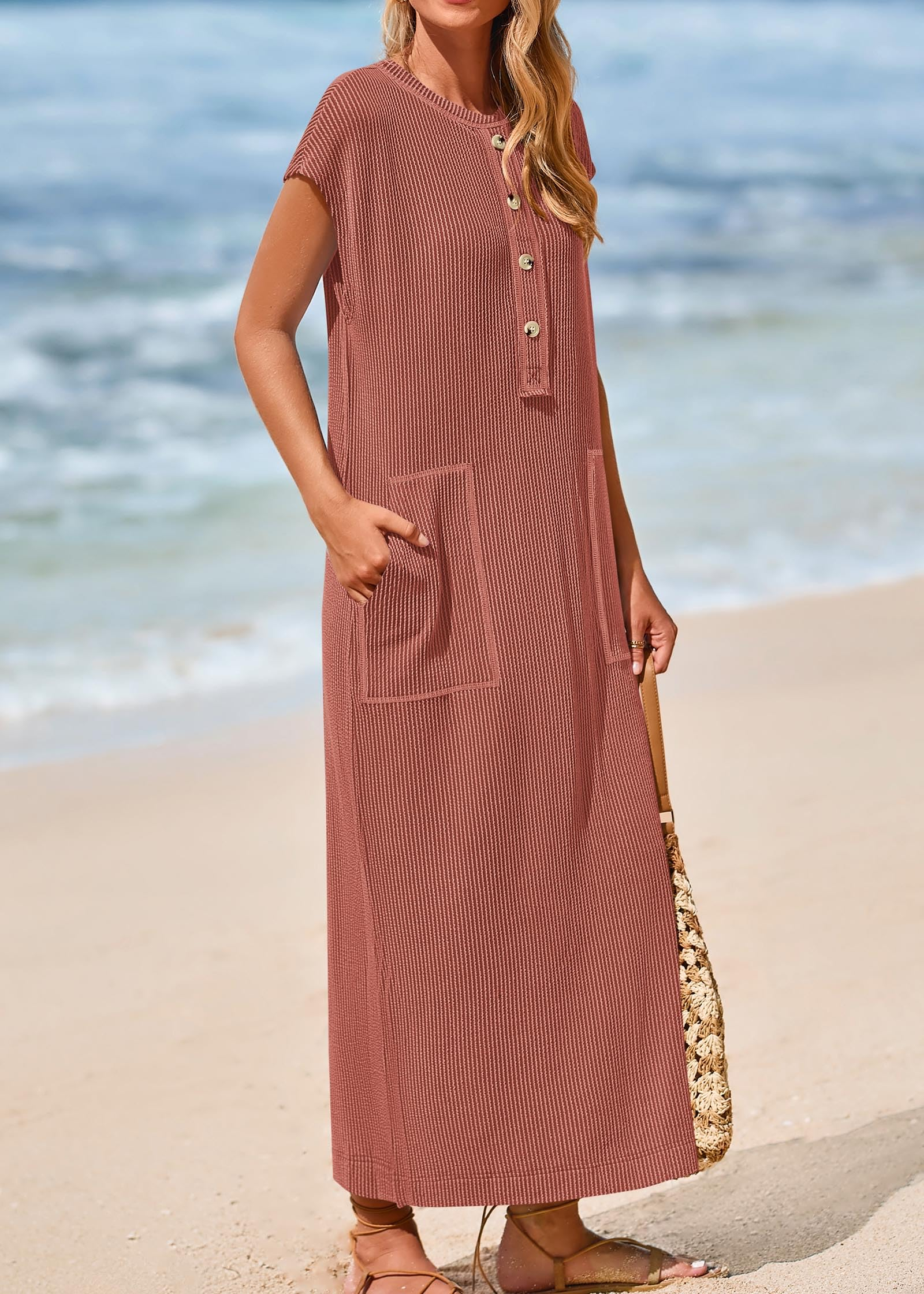 Summer ribbed knit button loose split henley short-sleeve maxi dress