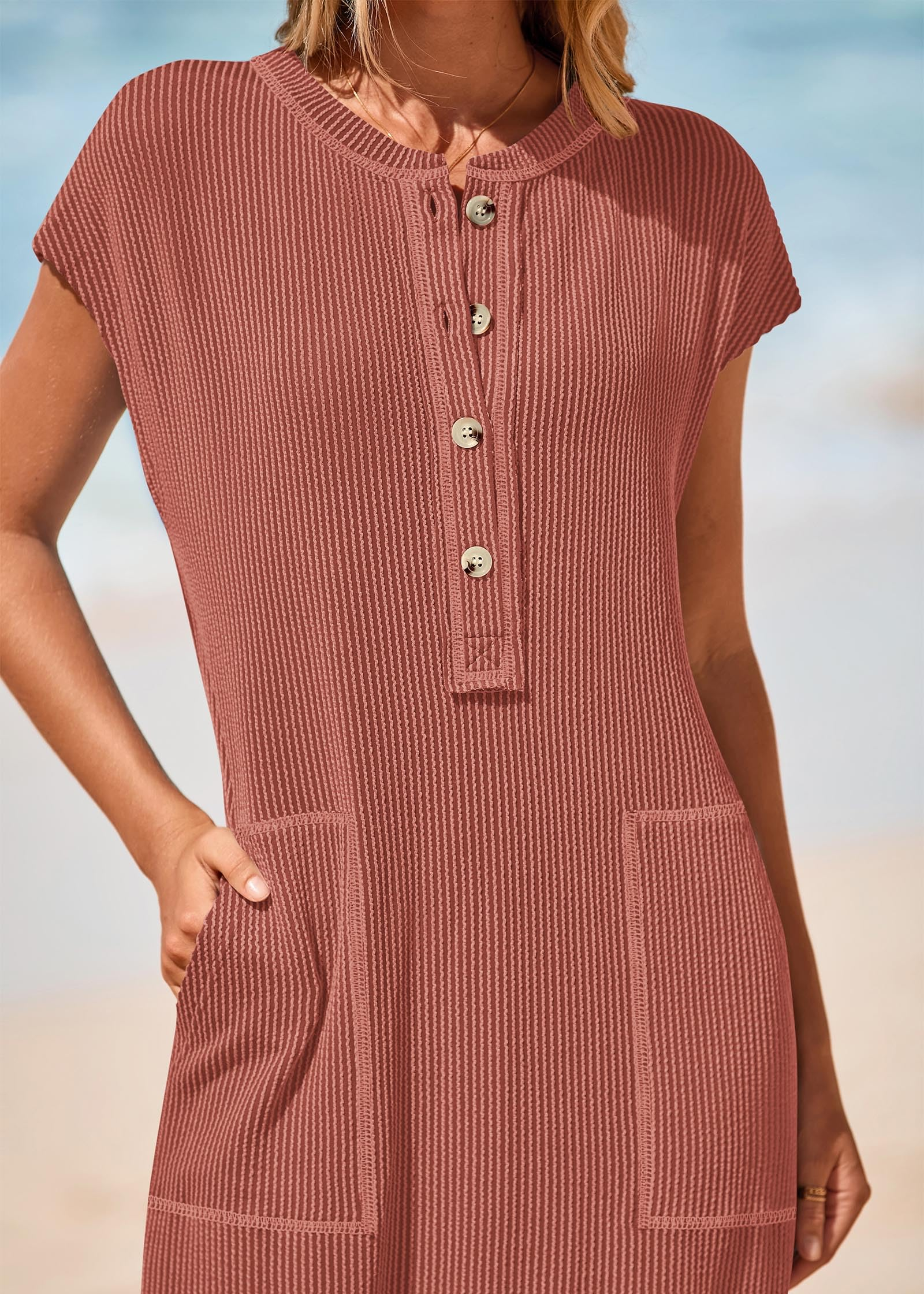 Summer ribbed knit button loose split henley short-sleeve maxi dress