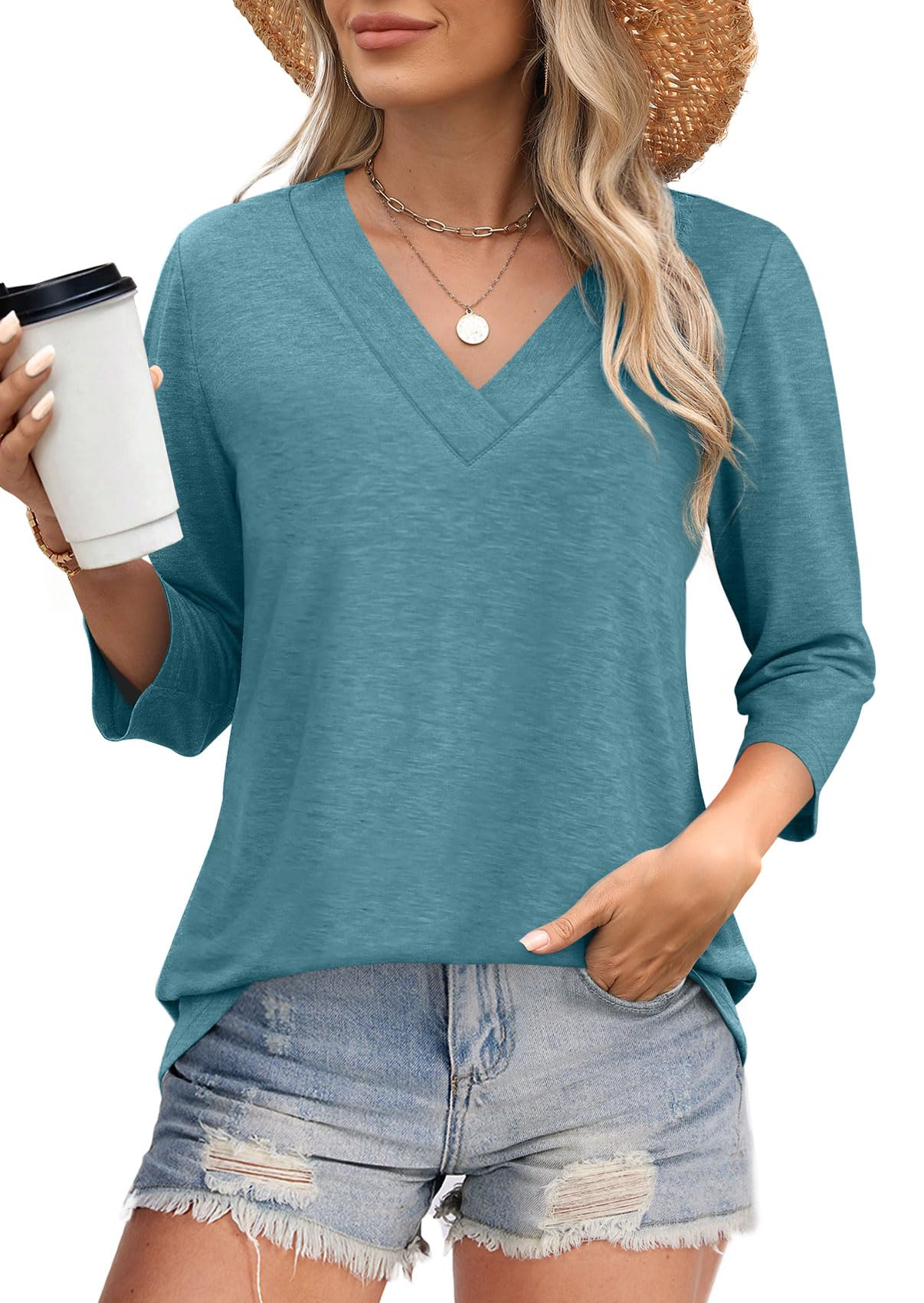 Women's V-neck casual waist knitted long-sleeved T-shirt