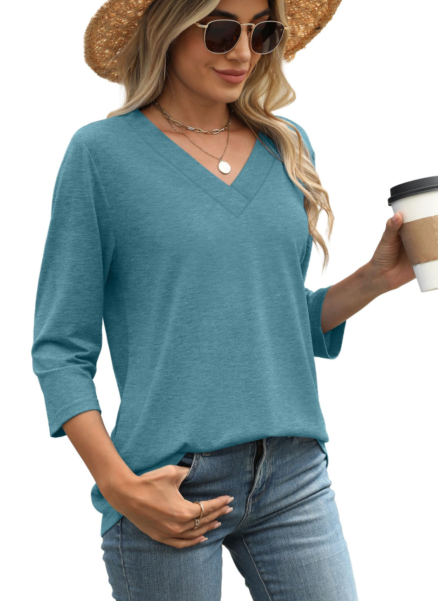 Women's V-neck casual waist knitted long-sleeved T-shirt