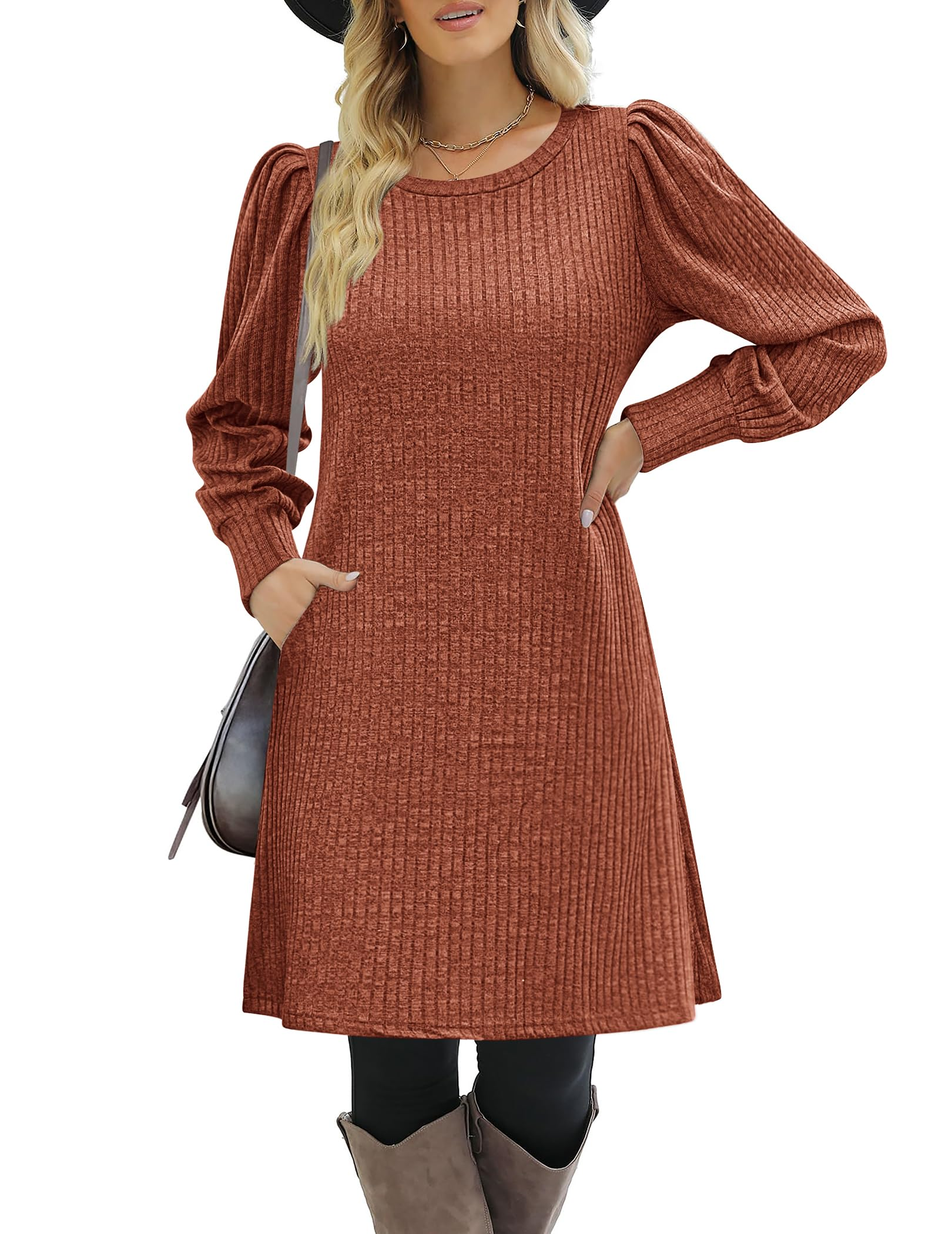 Women's knitted bubble long sleeve autumn and winter round neck casual waist dress