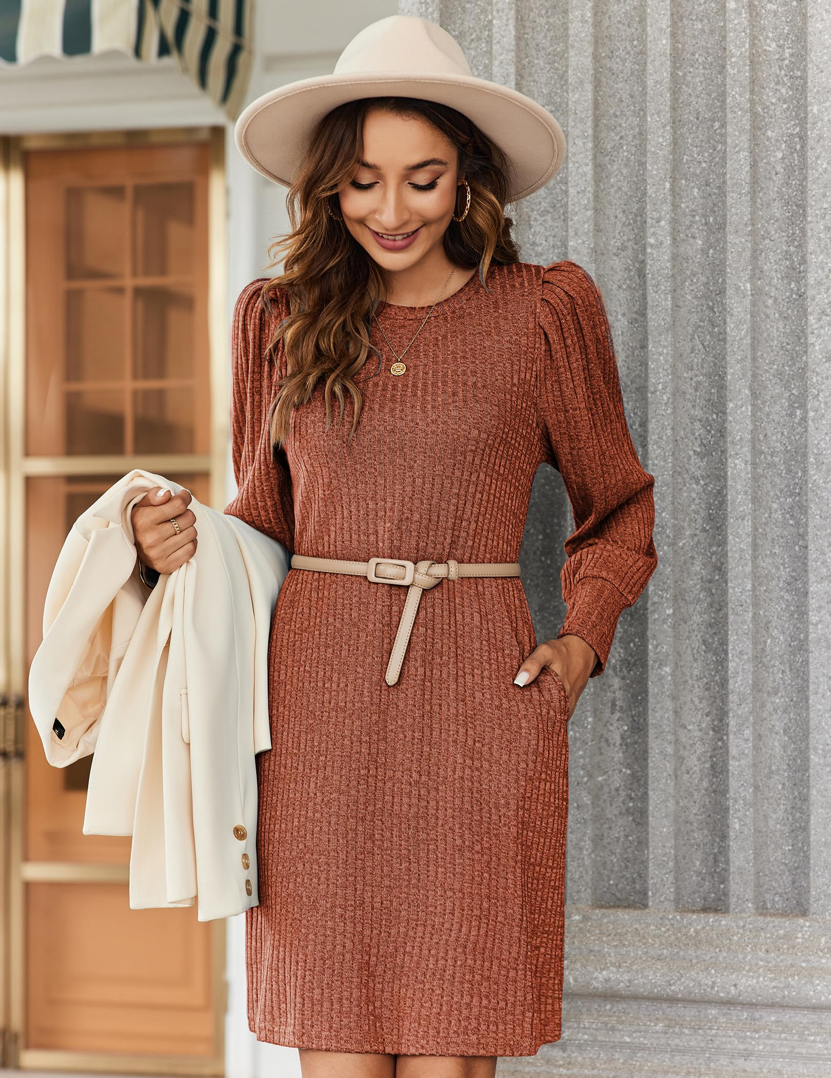 Women's knitted bubble long sleeve autumn and winter round neck casual waist dress