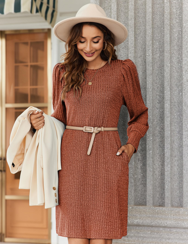 Women's knitted bubble long sleeve autumn and winter round neck casual waist dress