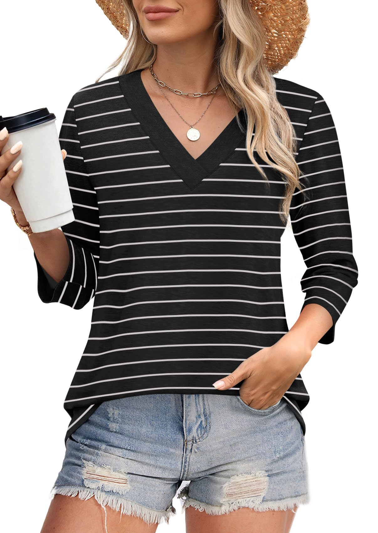 Women's V-neck casual waist knitted long-sleeved T-shirt