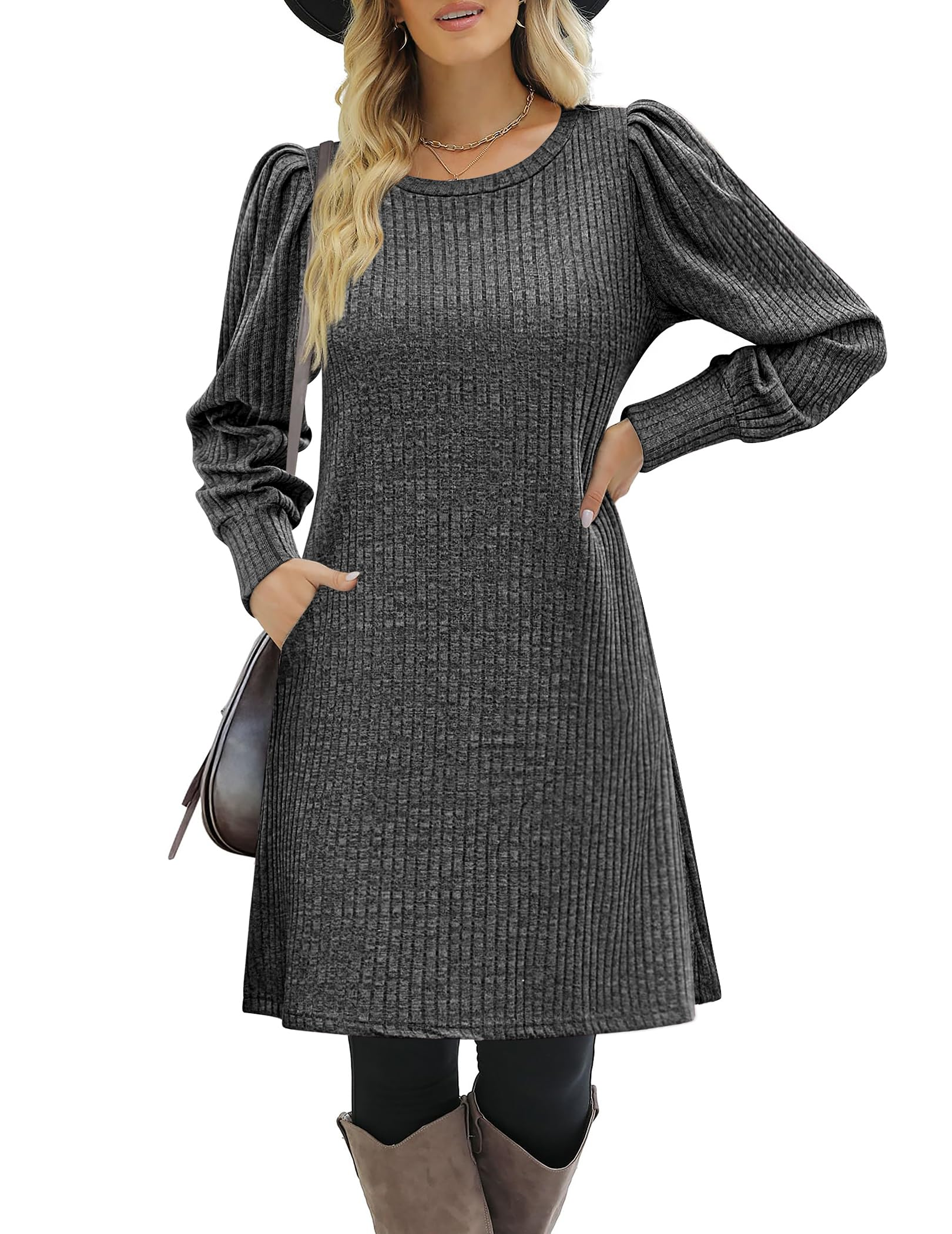 Women's knitted bubble long sleeve autumn and winter round neck casual waist dress