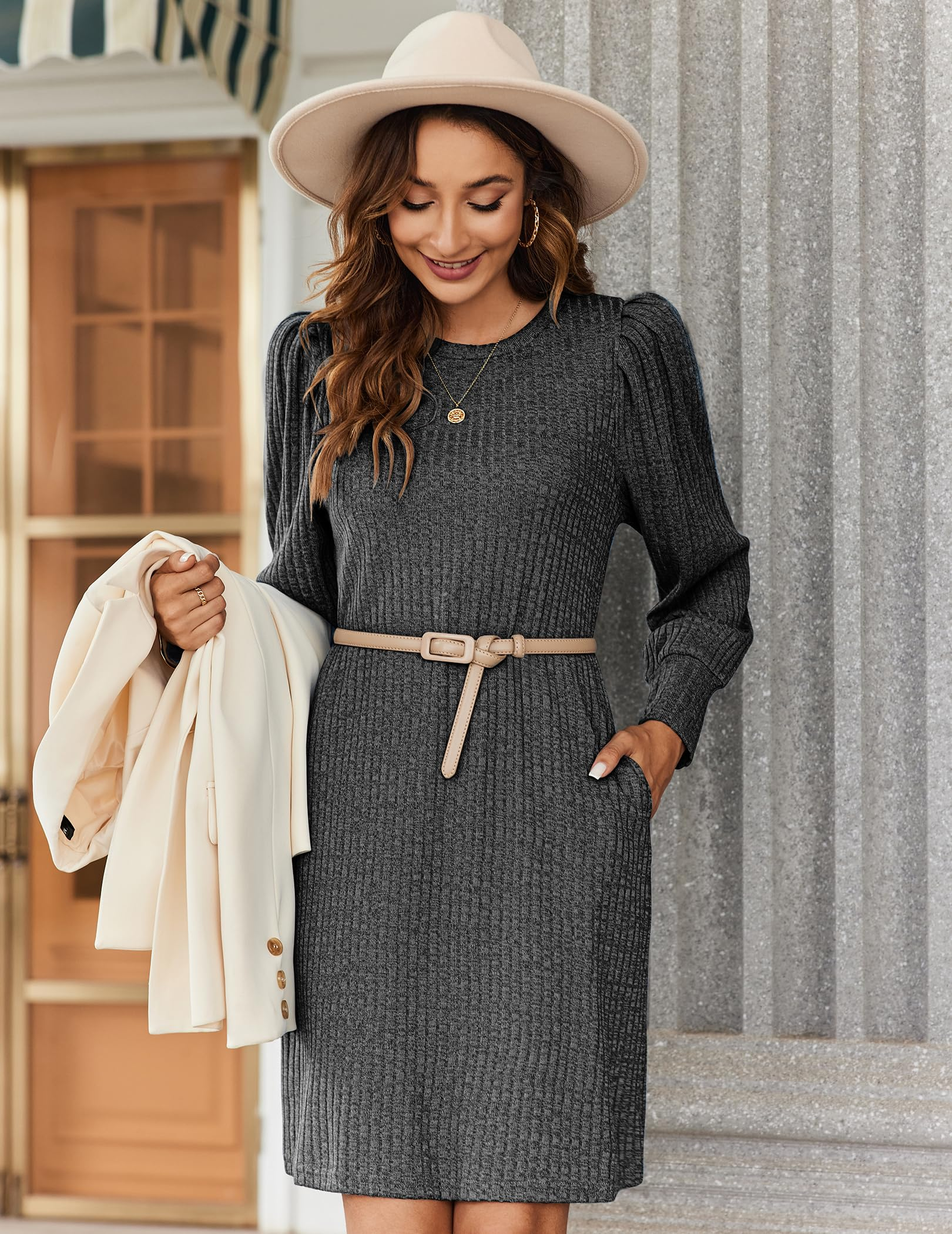 Women's knitted bubble long sleeve autumn and winter round neck casual waist dress