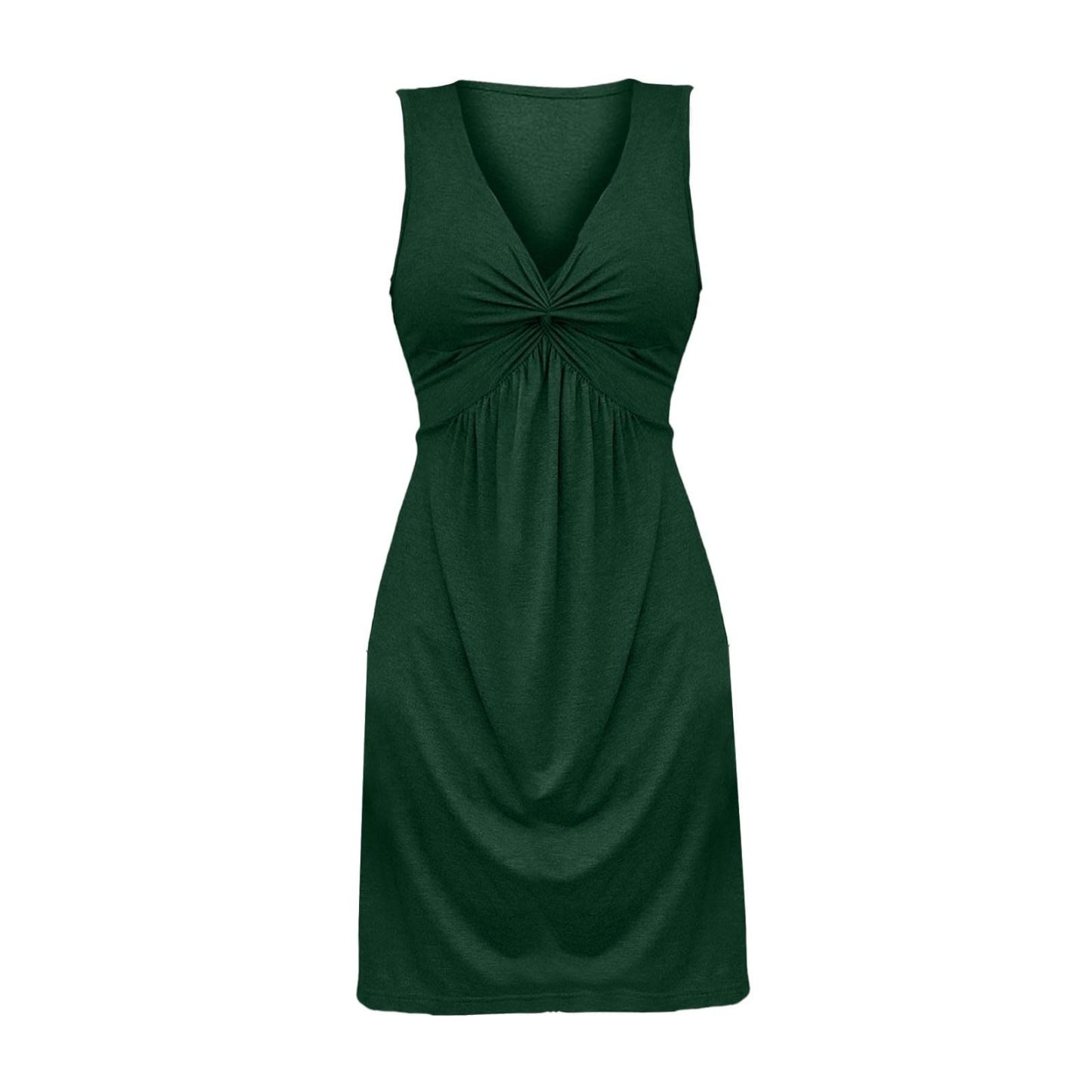 Sleeveless V-Neck Dress with Chest Twist, Ruffles and Waist Cinching