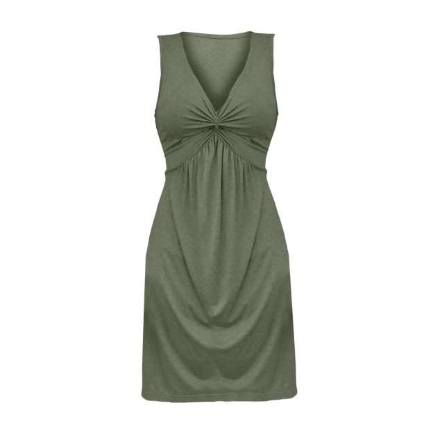Sleeveless V-Neck Dress with Chest Twist, Ruffles and Waist Cinching